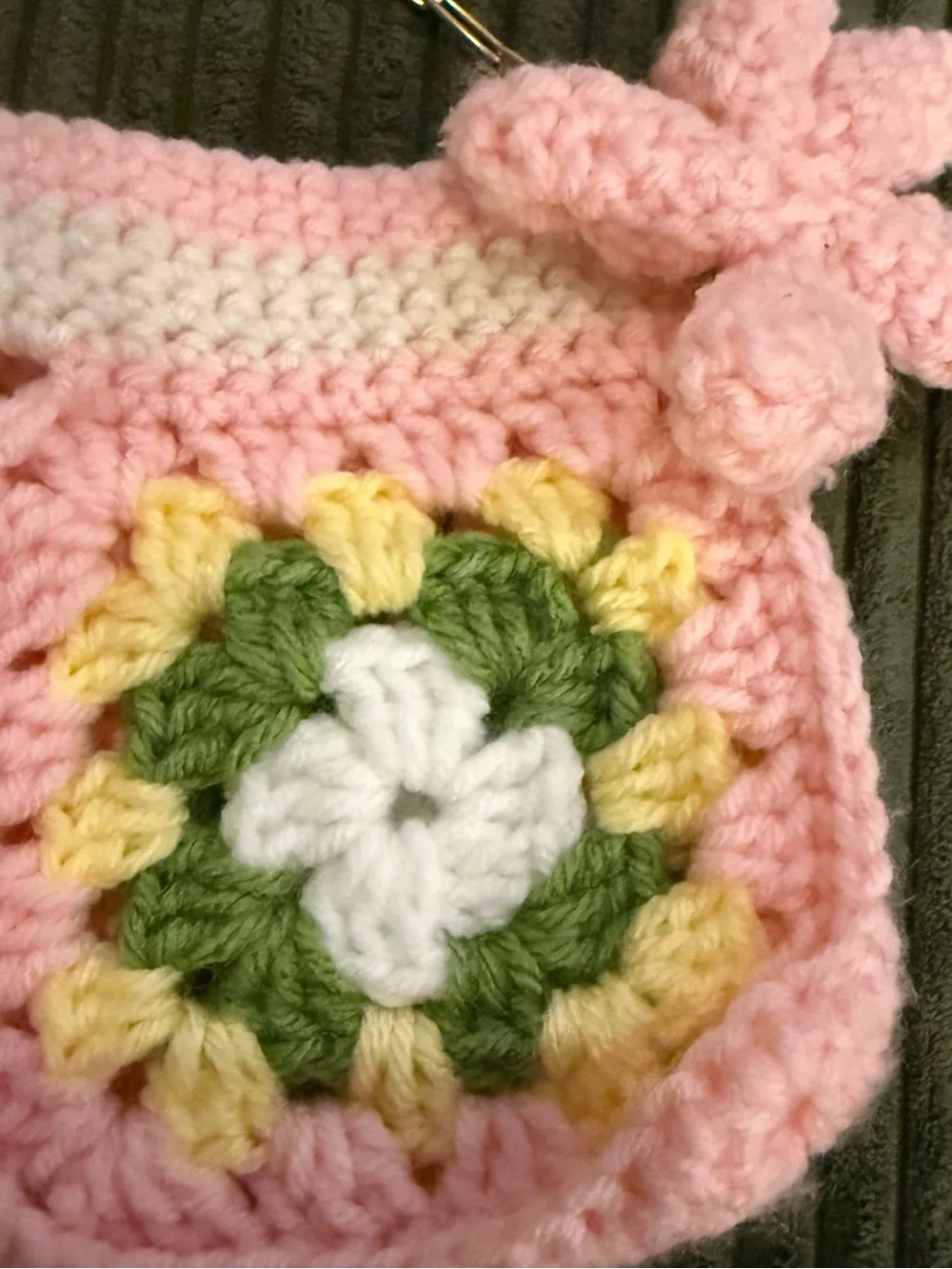 Handmade Crocheted Granny Square Purse Pink Green Gold Chain with Flower Charm